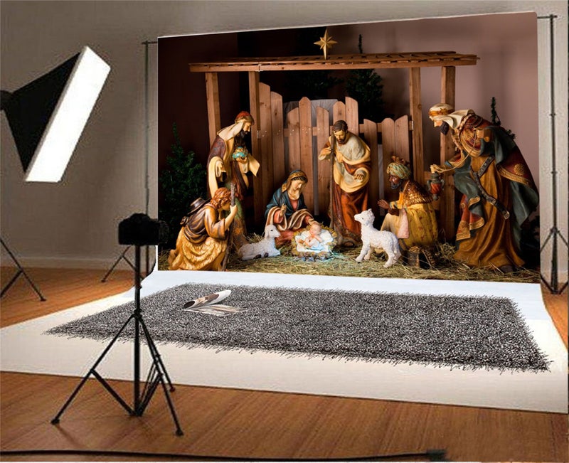 AOFOTO 8x6ft Barn Interior Manger Scene Backdrop Christ Child Birth of Jesus Nativity Shepherd Photography Background Lamb Horse Stable Farmhouse Pray Bible Baptism Church Concert Photos Studio Props - Image 4